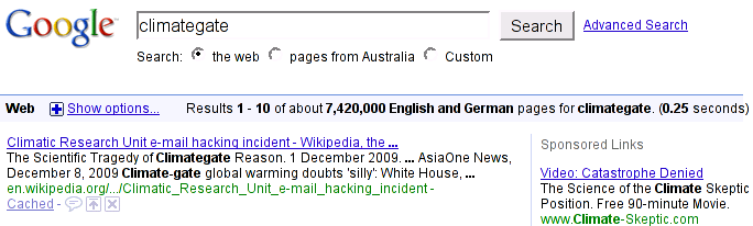 Google search result showing 7,420,000 hits for climategate